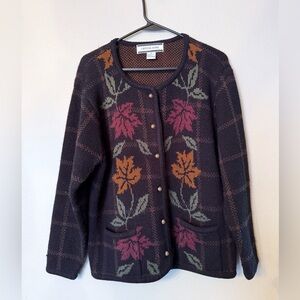 Cozy vintage floral button-up cardigan with plaid leaves by Crystal Kobe